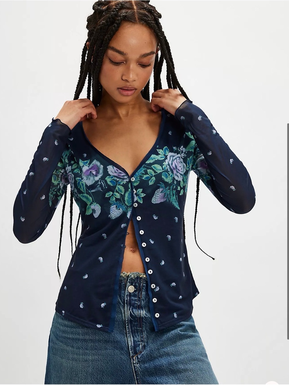 NWT Free People Home Grown Mesh Cardi in Navy Combo Size XS